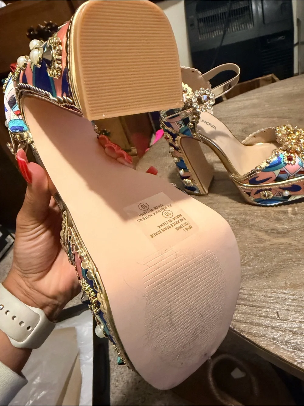Fashion Nova Pink Multicolor Jeweled Platform Sandal with Gold Trim